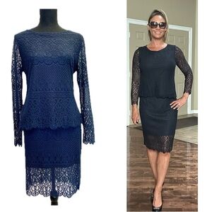 ADIVA Navy blue stretchy lace overlay long sleeve skirt blouse set size medium